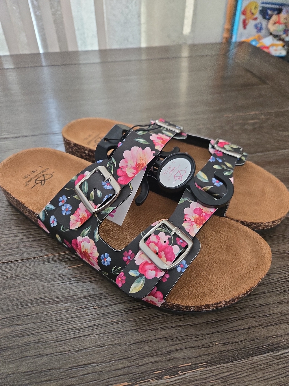 NWT Bobbie Brooks Floral Double Buckle Cork Slide Sandals Women Sz L 9/10 Black
